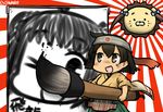  2016 animalization asagumo_(kantai_collection) bow brown_hair commentary dated giant_brush hair_bow hamu_koutarou headband hiryuu_(kantai_collection) japanese_clothes kakizome kantai_collection lion naka_(kantai_collection) one_side_up picture_(object) rising_sun sun sunburst twintails 
