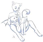  5_fingers age_difference anthro aogami book cub dragon fangs feet horn inner_ear_fluff looking_up male mammal nude open_mouth reading simple_background size_difference smile spread_legs spreading teeth toes wings young 