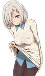 alternate_costume blue_eyes blush clothes_lift haine hair_ornament hair_over_one_eye hairclip hamakaze_(kantai_collection) highres kantai_collection looking_at_viewer pantyhose short_hair silver_hair smile solo sweater sweater_lift 