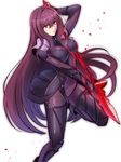  armor bad_id bad_pixiv_id bodysuit fate/grand_order fate_(series) highres long_hair pauldrons purple_bodysuit purple_hair red_eyes scathach_(fate)_(all) scathach_(fate/grand_order) shimo_(s_kaminaka) simple_background solo standing standing_on_one_leg white_background 