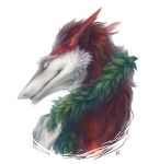  ambiguous_gender bust_portrait eyes_closed faellin fur leaf portrait red_fur sergal simple_background smile solo white_background 