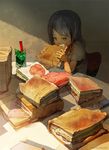  black_hair book brown_eyes commentary_request cup demizu_posuka drinking_glass eating food original sandwich sitting solo tears 
