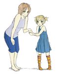  bandaid bandaid_on_knee blonde_hair blue_dress brown_hair child dress green_eyes hair_bobbles hair_ornament holding_hand ibarazaki_emi ibarazaki_meiko katawa_shoujo kneehighs mother_and_daughter multiple_girls short_hair short_sidetail side_ponytail sketch smile striped striped_legwear trembling twrlare wavy_mouth younger 