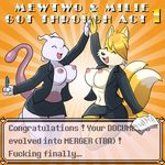  2016 anthro areola big_breasts breasts canine clothed clothing crossgender crossover digital_media_(artwork) duo english_text erect_nipples eyes_closed female fur hair half-dressed jacket legendary_pok&eacute;mon lonbluewolf mammal mewtwo miles_prower multiple_tails navel nintendo nipples open_jacket open_mouth pok&eacute;mon smile sonic_(series) text tongue uniform video_games 