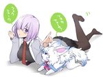  bad_id bad_pixiv_id blush creature fate/grand_order fate_(series) fou_(fate/grand_order) fur glasses hair_over_one_eye highres hood hoodie lying mash_kyrielight necktie on_stomach open_mouth pantyhose purple_eyes purple_hair shimo_(s_kaminaka) translated 