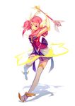  :d absurdres alternate_costume armpits arms_up blue_eyes gloves highres league_of_legends luxanna_crownguard magical_girl open_mouth pink_hair sailor_collar short_twintails simple_background smile solo star_guardian_lux thighhighs twintails wand white_background wukloo zettai_ryouiki 