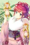  blush green_eyes hibari_makoto highres japanese_clothes kanchuumimai kimono monkey original red_hair short_hair smile solo 