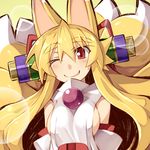  animal_ears blonde_hair breasts detached_sleeves fox_ears fox_tail izuna_(shinrabanshou) large_breasts long_hair looking_at_viewer multiple_tails one_eye_closed red_eyes saru_000 scroll shinrabanshou sideboob smile solo tail 