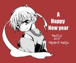  2015 closed_mouth english eyebrows_visible_through_hair from_behind happy_new_year ichinomiya_kantarou japanese_clothes jewelry kinoshita_sakura long_hair looking_at_viewer looking_back male_focus monochrome necklace new_year pearl_necklace red_background simple_background smile solo tactics upper_body 