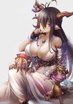  antenna_hair bandaged_arm bandages biting black_gloves black_hair blush breasts cleavage crescent danua draph dress finger_biting fingerless_gloves gloves granblue_fantasy hair_between_eyes horn_ornament horns jewelry large_breasts long_hair looking_at_viewer necklace pointy_ears red_eyes simple_background solo sowel_(sk3) white_dress 