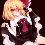  ascot black_background blonde_hair blush dress dress_lift fang hair_ribbon looking_at_viewer razy_(skuroko) red_eyes ribbon rumia short_hair simple_background solo touhou 