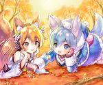  :d animal_ears autumn autumn_leaves blonde_hair blue_eyes blue_hair coat corinne_(shironeko_project) dated detached_sleeves dog_ears dog_tail fox_ears fox_tail hat japanese_clothes koyomi_(shironeko_project) long_hair miko mittens multiple_girls mushroom open_mouth rei_(kinokotype) shironeko_project short_hair smile tail yellow_eyes 