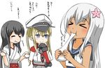  &gt;_&lt; :3 akagi_(kantai_collection) b-man black_hair blonde_hair blue_eyes closed_eyes crop_top eating flower food graf_zeppelin_(kantai_collection) hair_flower hair_ornament hat japanese_clothes kantai_collection long_hair military military_uniform mochi multiple_girls one-piece_tan peaked_cap ro-500_(kantai_collection) sailor_collar school_swimsuit silver_hair swimsuit swimsuit_under_clothes tan tanline translated twintails uniform 