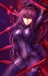 absurdres arm_up bad_id bad_pixiv_id bodysuit covered_navel fate/grand_order fate_(series) gae_bolg highres long_hair navel polearm purple_bodysuit purple_hair red_eyes scathach_(fate)_(all) scathach_(fate/grand_order) shimo_(s_kaminaka) solo spear weapon 