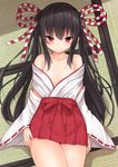  bare_shoulders black_hair blush breasts commentary detached_sleeves hair_ornament hair_ribbon hands_on_own_thighs japanese_clothes long_hair looking_at_viewer lying miko mizushina_minato on_back open_clothes original red_eyes red_skirt ribbon skirt small_breasts smile solo tatami twintails wide_sleeves 
