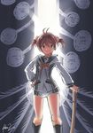  bokken brown_eyes brown_hair isshiki_akane mystic-san national_shin_ooshima_school_uniform school_uniform serafuku short_hair short_shorts shorts solo standing sword tree_of_life twintails vividred_operation weapon wooden_sword 