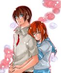  1girl blue_eyes blush brown_hair closed_eyes couple ginnoturu hetero higurashi_no_naku_koro_ni hug hug_from_behind maebara_keiichi marker_(medium) orange_hair ryuuguu_rena school_uniform serafuku shikishi shirt short_hair simple_background smile traditional_media white_shirt 