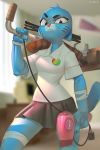  angry anthro blue_fur cartoon_network clothed clothing domestic_cat felid feline felis female fur hair_dryer looking_at_viewer mammal mature_female miles_df mother nicole_watterson parent skirt solo the_amazing_world_of_gumball vacuum_cleaner 