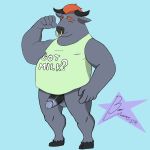  2018 absurd_res anthro baron_montesque bovine cattle clothed clothing digital_media_(artwork) erection facial_piercing fur hair hi_res horn humanoid_penis male mammal musclegut muscular muscular_male nipples nose_piercing nose_ring penis piercing red_hair simple_background smile solo standing vein 