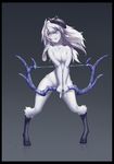  absurdres animal_ears black_border blue_eyes border bow_(weapon) breasts cleavage collarbone full_body furry grey_background highres kindred lamb_(league_of_legends) league_of_legends long_hair looking_at_viewer mask medium_breasts parted_lips simple_background solo standing weapon white_hair yin-ting_tian 