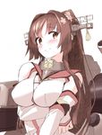  bare_shoulders between_breasts blew_andwhite blush breast_hold breasts brown_eyes brown_hair flower hair_flower hair_ornament highres kantai_collection large_breasts long_hair looking_at_viewer ponytail rigging simple_background sketch smile solo type_91_armor-piercing_shell very_long_hair white_background yamato_(kantai_collection) z_flag 