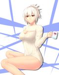  alternate_costume bare_legs breasts casual cleavage_cutout folded_ponytail hair_between_eyes highres large_breasts league_of_legends meme_attire open-chest_sweater red_eyes ribbed_sweater riven_(league_of_legends) ryu_seung sitting smile solo sweater white_hair 