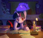  2012 book bookcase candle celebi-yoshi curtains desk equine female feral flower friendship_is_magic fur hair horn inside looking_at_viewer mammal moon multicolored_hair my_little_pony paper pen plant purple_fur red_eyes sky solo star twilight_sparkle_(mlp) two_tone_hair unicorn window 