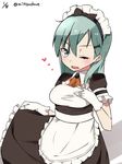  alternate_costume apron aqua_eyes aqua_hair bad_id bad_twitter_id blush brown_skirt check_commentary commentary_request detached_collar enmaided frills gloves hair_between_eyes hair_ornament hairclip hand_on_own_chest heart highres inactive_account kantai_collection long_hair long_skirt looking_at_viewer maid maid_apron maid_headdress mitsudoue one_eye_closed open_mouth short_sleeves skirt skirt_hold solo suzuya_(kantai_collection) twitter_username underbust waist_apron white_background white_gloves 