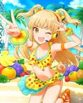 :d beach bikini blonde_hair breasts cleavage cloud day double_v food frilled_bikini frills front-tie_top fruit grapes half_updo headset idolmaster idolmaster_cinderella_girls jougasaki_rika kurokilo long_hair navel ocean one_eye_closed open_mouth orange outdoors palm_tree pineapple sandals skirt sky small_breasts smile solo strawberry swimsuit tree two_side_up v water yellow_eyes 
