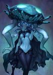  blue blue_eyes bodysuit breasts cape gloves glowing glowing_eyes hat headgear kantai_collection long_hair looking_at_viewer medium_breasts monster monster_girl odibil pale_skin shinkaisei-kan silver_hair solo teeth tentacles wo-class_aircraft_carrier 