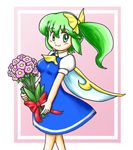  ascot blue_dress bouquet bow daiyousei dress fairy_wings flower green_eyes green_hair hair_bow nitamago side_ponytail smile solo touhou wings 