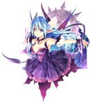  armpits bare_shoulders blue_hair breasts cleavage collar crucifixion cuffs demon_girl demon_tail detached_sleeves dress earrings highres hirano_katsuyuki horns jewelry long_hair medium_breasts no_legs original outstretched_arms parted_lips pointy_ears puffy_detached_sleeves puffy_sleeves purple_dress purple_eyes restrained shackles simple_background solo spread_arms strapless strapless_dress tail white_background 