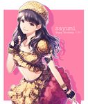  black_eyes black_hair character_name fingerless_gloves frilled_skirt frills gloves hirano_katsuyuki long_hair michishige_sayumi mole mole_under_mouth morning_musume navel real_life skirt smile solo 