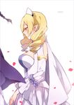  1girl aiwm bad_id bad_pixiv_id blonde_hair blush breasts cleavage crowley_eusford curly_hair dress from_side horn_skuld large_breasts long_hair out_of_frame owari_no_seraph pointy_ears profile red_eyes solo_focus white_dress 