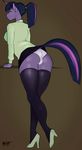  2016 anthro anthrofied butt camel_toe clothed clothing crystalshen dock equine female friendship_is_magic hair hi_res high_heels horn legwear looking_at_viewer mammal my_little_pony panties purple_skin skirt solo thigh_highs twilight_sparkle_(mlp) underwear unicorn 