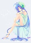  bare_legs barefoot blue_eyes blue_hair flower frills full_body hair_flower hair_ornament legs lingerie long_hair looking_at_viewer magical_halloween rosemary_bergamot see-through shiny shiny_skin signature sitting solo tokinon underwear very_long_hair white_background 