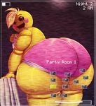  animatronic avian bib big_butt bird blonde_hair blush butt chicken clothing english_text female five_nights_at_freddy&#039;s five_nights_at_freddy&#039;s_2 food hair huge_butt looking_back machine noseless overweight panties pizza robot smile text thick_thighs toy_chica_(fnaf) trinity-fate62 underwear video_games yellow_body 