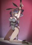  1girl animal_ears armpits arms_up bangs black_footwear black_gloves black_hair black_leotard blue_eyes blush breasts bunny_day bunny_ears bunny_girl bunny_tail bunnysuit cleavage covered_navel detached_collar fake_animal_ears fishnet_pantyhose fishnets full_body gloves high_heels kneeling kureson_(medarot) l_(laine) large_breasts leotard long_hair looking_at_viewer medarot medarot_8 open_mouth pantyhose pole_dancing smile solo strapless strapless_leotard stripper_pole sunglasses tail twintails very_long_hair wavy_hair wrist_cuffs yellow-framed_eyewear 