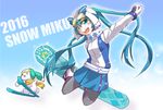  2016 aqua_eyes aqua_hair blush character_name gloves goggles goggles_on_head hat hatsune_miku long_hair looking_at_viewer open_mouth outstretched_arm pantyhose scarf skirt snowboard snowboarding twintails very_long_hair vocaloid yagi_gojou yuki_ga_tokeru_mae_ni_(vocaloid) yuki_miku yukine_(vocaloid) 