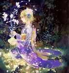  alternate_costume blonde_hair blue_eyes eyelashes flower from_side ginkgo grass hair_flower hair_ornament hairclip holding holding_flower japanese_clothes kagamine_rin kimono long_sleeves night obi on_ground outdoors profile rei_(456789io) sash short_hair sitting solo traditional_media vase vocaloid watercolor_(medium) 