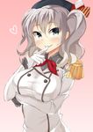  bad_id bad_pixiv_id blue_eyes breast_hold breasts epaulettes finger_in_mouth grey_eyes hat jacket kankitsunabe_(citrus) kantai_collection kashima_(kantai_collection) kerchief large_breasts long_hair military military_uniform silver_hair smile solo twintails uniform wavy_hair 