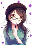  brown_eyes brown_hair euforia glasses hat holding holding_pencil long_hair original pencil simple_background solo white_background 