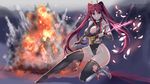  breasts explosion katana large_breasts long_hair looking_at_viewer nipples original red_eyes red_hair sasana solo_focus sword torn_clothes twintails weapon 