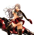  alisa_ilinichina_amiella armpits ass black_footwear black_gloves black_hair black_legwear blue_eyes boots breasts elbow_gloves fingerless_gloves gloves god_eater god_eater_2:_rage_burst gun hat holding holding_weapon image_sample large_breasts long_hair looking_at_viewer navel panties pixiv_sample silver_hair simple_background skirt solo suspender_skirt suspenders thigh_boots thighhighs underboob underwear weapon white_panties yukiomi_haku 