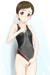  blush breasts brown_hair competition_swimsuit girls_und_panzer highres looking_at_viewer one-piece_swimsuit pubic_hair pussy ritaiko_(girls_und_panzer) short_hair small_breasts solo swimsuit swimsuit_aside takafumi uncensored 