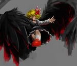  black_skirt black_vest black_wings blonde_hair bow collared_shirt ex-rumia feathered_wings fingernails flying grey_background hair_bow hand_on_own_chest highres large_wings looking_at_viewer looking_down mary_janes nail_polish necktie open_hand outstretched_arm red_eyes red_footwear red_nails red_neckwear rumia sharp_fingernails shirt shoes short_hair simple_background skirt smile socks solo touhou unraveling vest white_legwear white_shirt wings zakozako_y 