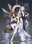  alternate_costume bare_shoulders barefoot bird black_feathers black_hair breasts breasts_apart chain cleavage feathers flower hair_ornament highres horn instrument irelia league_of_legends long_hair medium_breasts multiple_girls onion_cat pointy_ears reflection sideboob sitting soraka standing violin weapon white_hair yellow_eyes 