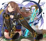  armor beatrix_(granblue_fantasy) blush breasts brown_eyes brown_hair cleavage granblue_fantasy large_breasts long_hair planted_sword planted_weapon sitting smile solo sword thighhighs weapon yuuzuki_(re'ef) 