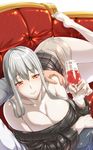  alcohol bare_shoulders blush breasts cleavage couch cup drinking_glass ebido hand_on_another's_shoulder highres large_breasts long_hair looking_at_viewer lying off-shoulder_sweater off_shoulder on_side orange_eyes pale_skin pov ribbed_sweater selvaria_bles senjou_no_valkyria silver_hair smile solo_focus sweater thighs wine wine_glass 