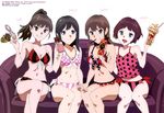  &gt;_&lt; :d absurdres arm_holding azuma_kentarou bangs bikini black_bikini black_hair blue_eyes breasts brown_eyes camisole character_name charm_(object) chocolate_bar cleavage closed_eyes closed_mouth collarbone colored_stripes couch crossed_legs domino_mask food food_in_mouth frilled_bikini frills front-tie_bikini front-tie_top grey_hair grin groin hand_up happy heart high_ponytail highres hip_bones hips holding holding_food holding_hands holding_mask iwasaki_shiho kinumiya_saki knees_together_feet_apart legs_together light_smile lineup long_hair looking_at_viewer mask mask_removed medium_breasts midriff mouth_hold multiple_girls navel official_art on_couch oni open_mouth parfait pink_bikini pocky polka_dot polka_dot_bikini ponytail purple_hair rainbow_order red_bikini scan shimada_mayu short_hair side-tie_bikini sidelocks simple_background sitting slender_waist small_breasts smile striped striped_bikini suzuki_moka swimsuit transparent vertical-striped_bikini vertical_stripes wake_up_girls! wake_up_girls!_beyond_the_bottom white_background white_bikini 